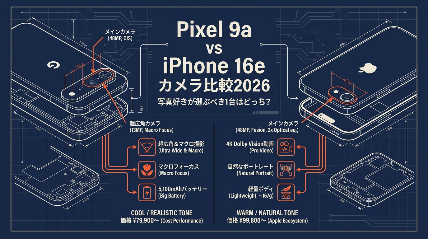 Pixel 9a vs iPhone 16e カメラ比較2026｜写真好きが選ぶべき1台はどっち？ アイキャッチ（PC用）