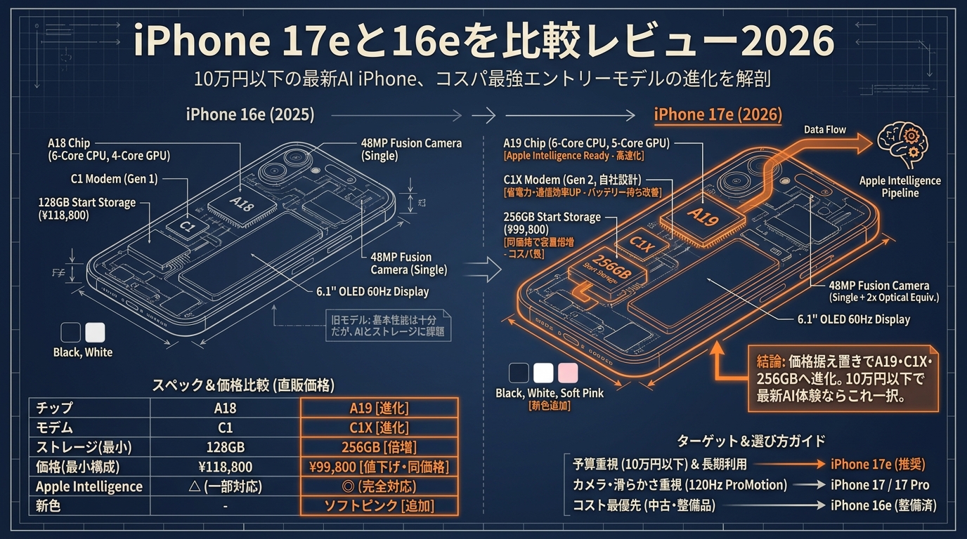 iPhone 17eと16eを比較レビュー2026 アイキャッチ（PC用）