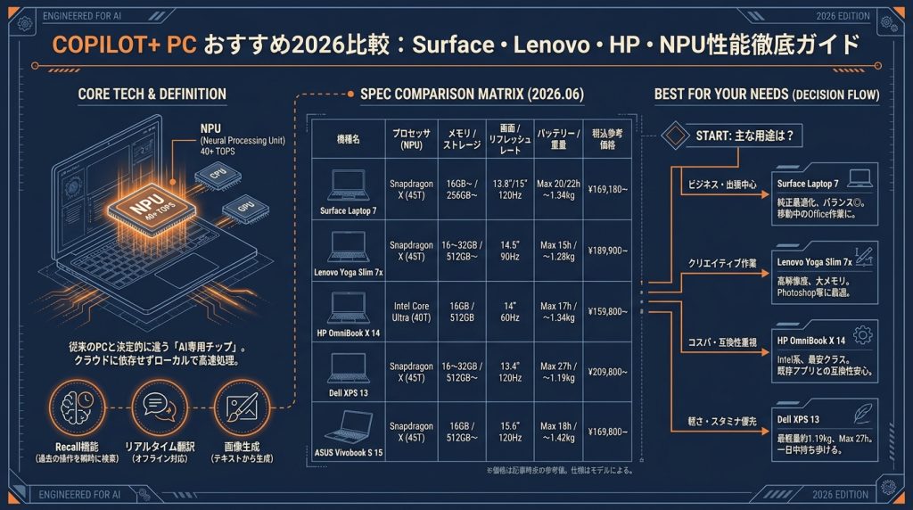 Copilot+ PCおすすめ2026比較 Surface・Lenovo・HP・NPU性能など | 新モノウォーカー
