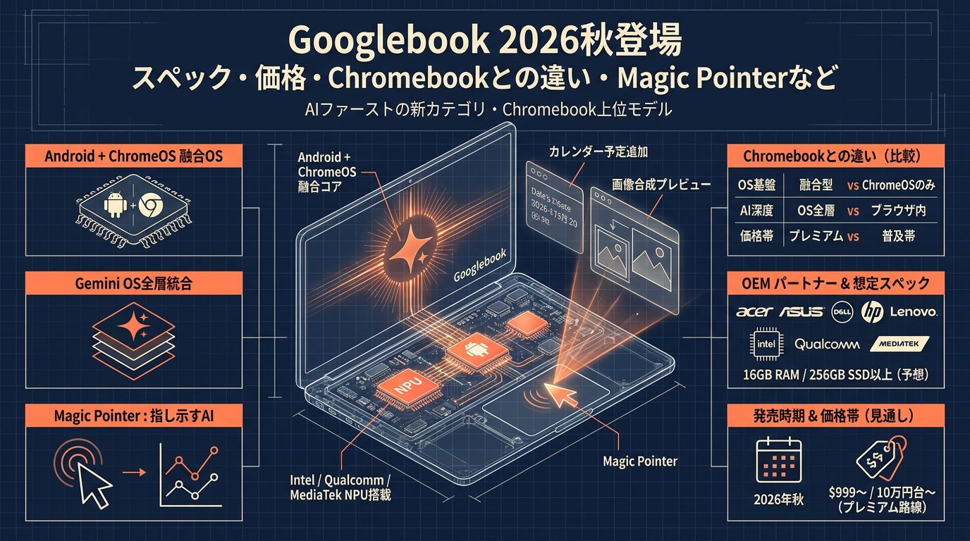 Googlebook 2026秋登場 スペック・価格・Chromebookとの違い・Magic Pointerなど アイキャッチ（PC用）