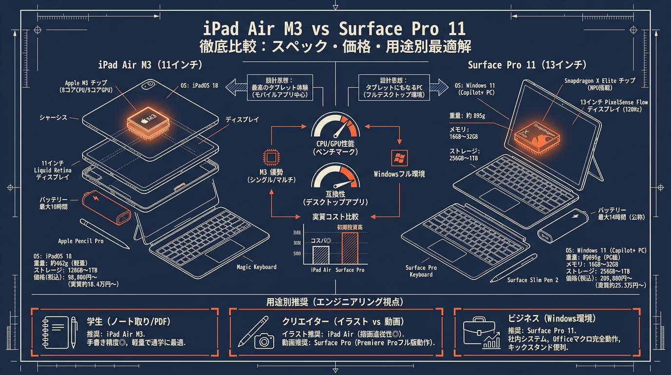 iPad Air M3 vs Surface Pro 11 比較 スペック・価格・用途別おすすめなど アイキャッチ（PC用）