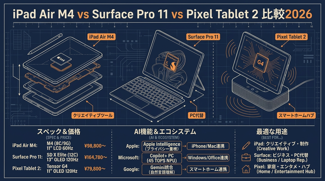 iPad Air M4 vs Surface Pro 11 vs Pixel Tablet 2 比較2026 アイキャッチ（PC用）