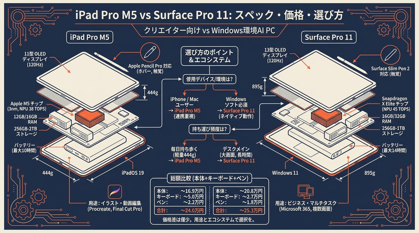iPad Pro M5 vs Surface Pro 11 スペック・価格・選び方など アイキャッチ（PC用）