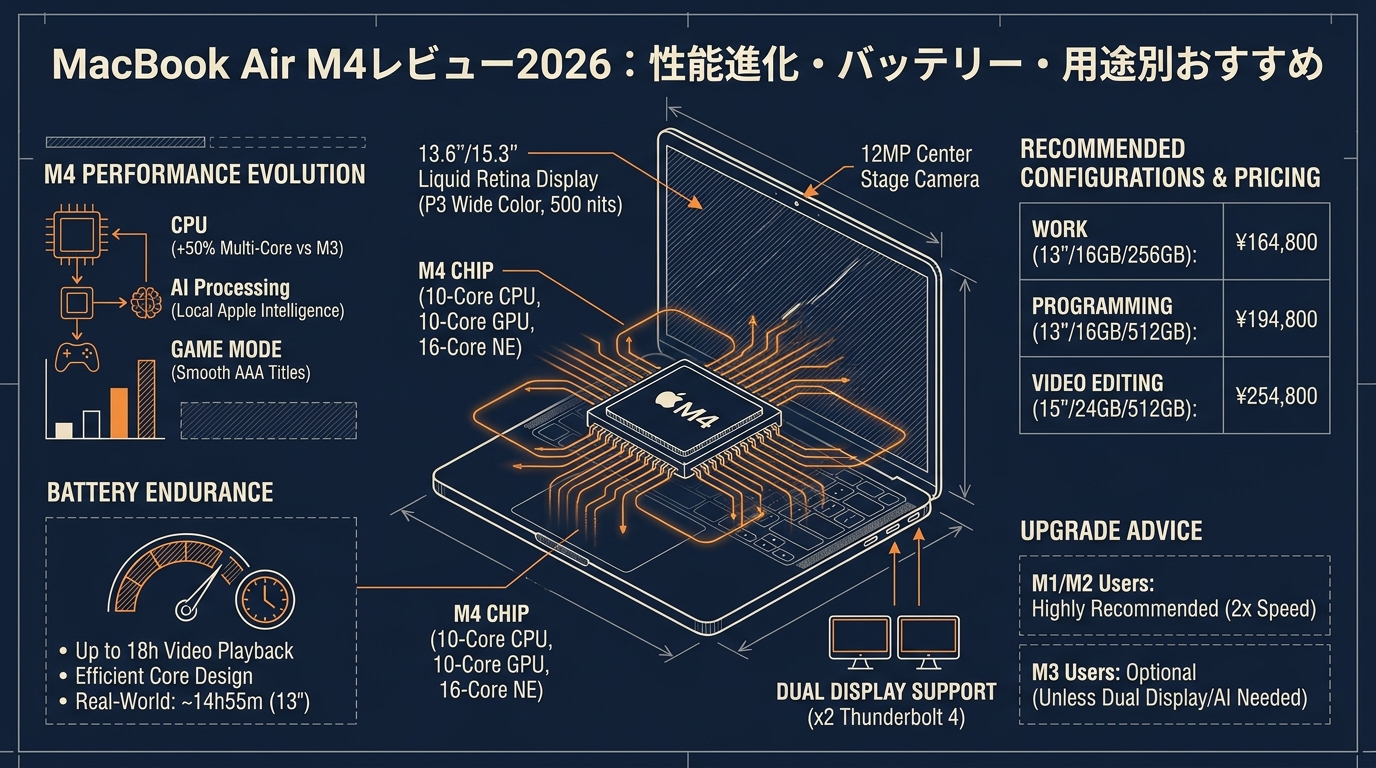 MacBook Air M4レビュー2026 性能・バッテリー・用途別おすすめなど アイキャッチ（PC用）