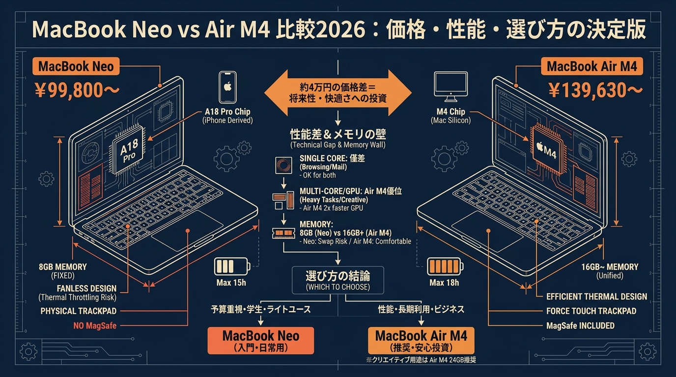 MacBook Neo vs Air M4比較2026 価格・性能・選び方・用途別おすすめなど アイキャッチ（PC用）