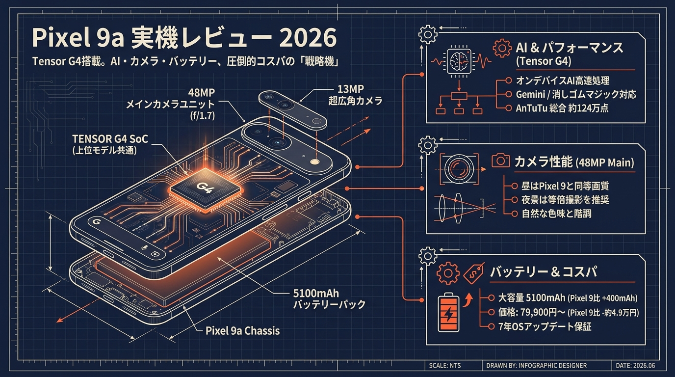 Pixel 9a実機レビュー2026 カメラ・バッテリー・AI機能・コスパなど アイキャッチ（PC用）