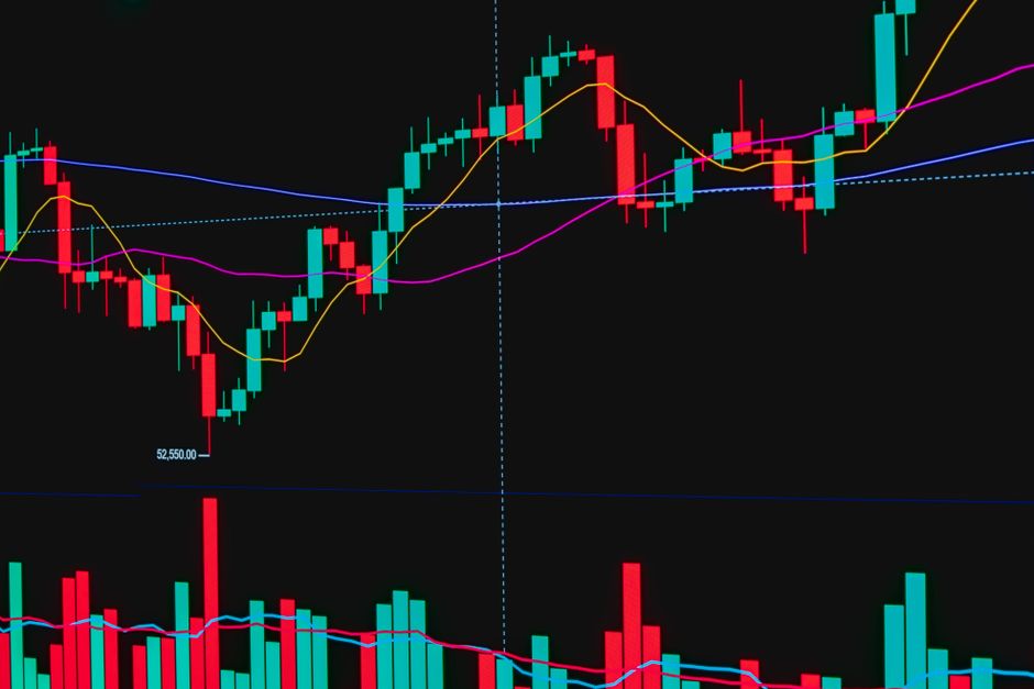 デジタルディスプレイに金融動向とデータ分析を示す、カラフルなローソク足チャート。